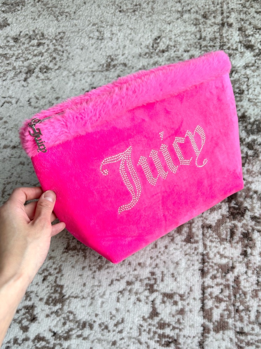 Y2K Juicy Couture Hot Pink Plush Velour Rhinestone Cosmetic Bag/Clutch